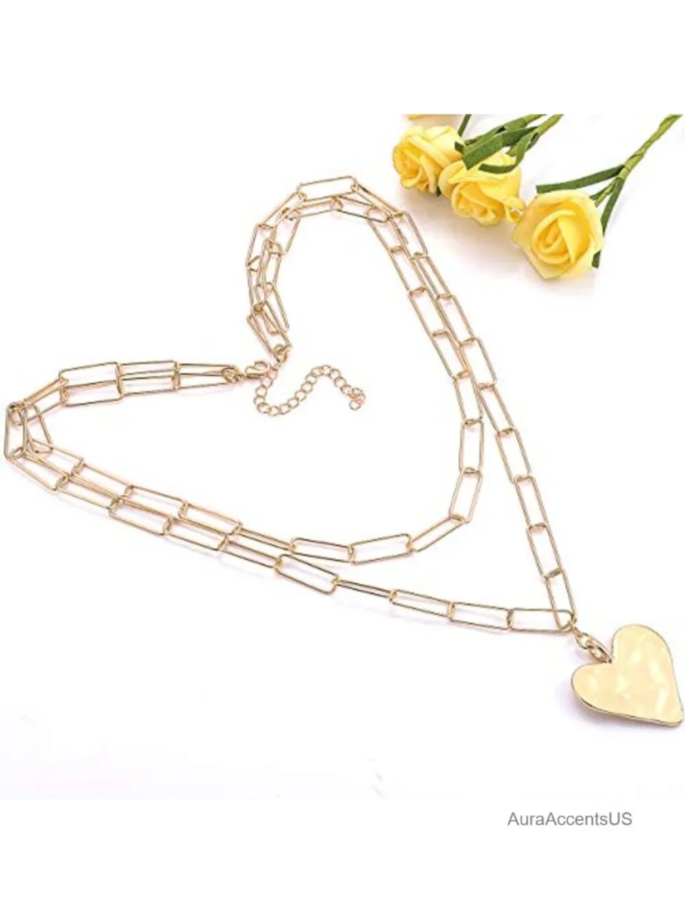 Layered Paper Clip Chain Choker Necklace Hammered Heart Pendant Gold Minimalist